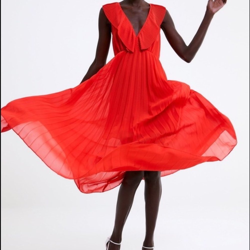 NWOT Zara Red Orange Pleated Chiffon V-Neck Maxi Dress Size Med